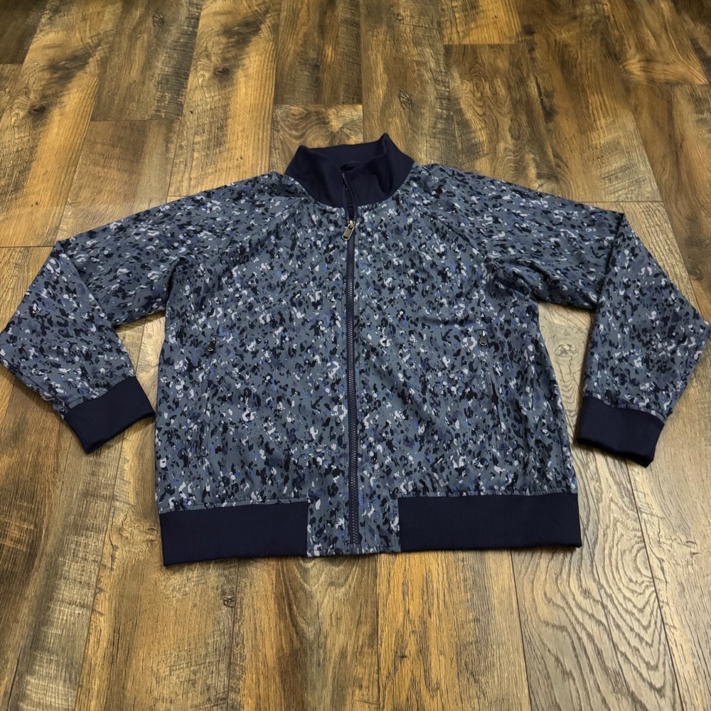 Athleta Brooklyn Bomber Jacket II Navy Blue Abstract Print Full Zip Large Travel